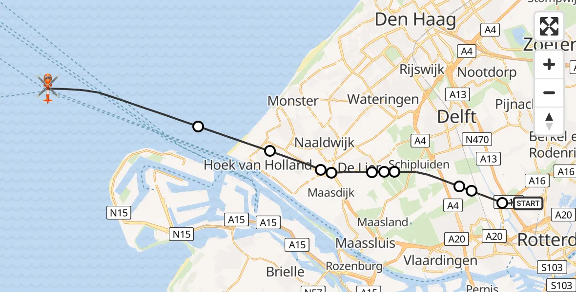 Vluchtroute Kustwachthelikopter van Rotterdam The Hague Airport naar 