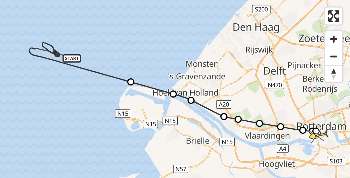 Routekaart van de vlucht: Kustwachthelikopter naar Erasmus MC, Westzeedijk