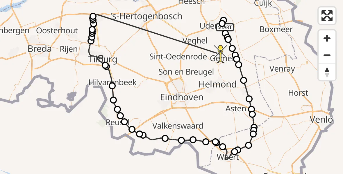 Routekaart van de vlucht: Politieheli naar Gemert, Millsebaan