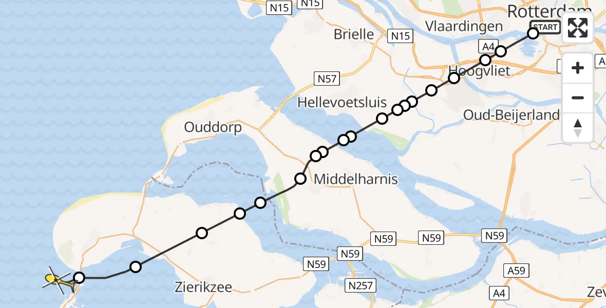 Routekaart van de vlucht: Kustwachthelikopter naar Burgh-Haamstede, Schiehaven