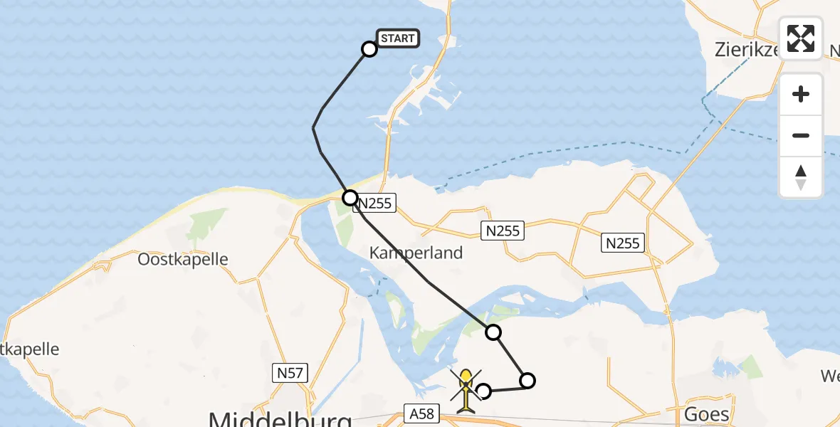 Routekaart van de vlucht: Kustwachthelikopter naar Vliegveld Midden-Zeeland, Calandweg