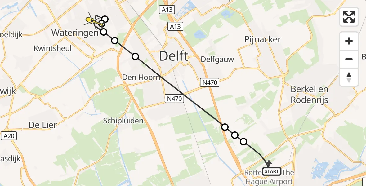 Routekaart van de vlucht: Lifeliner 2 naar Den Haag, Keukenhoflaan