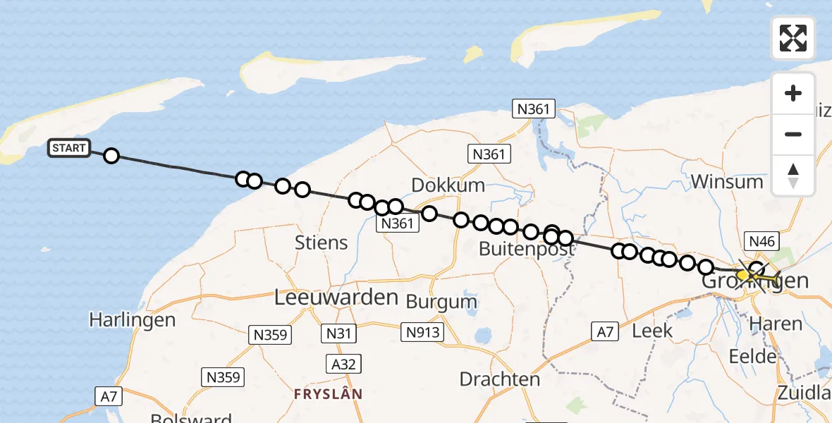 Routekaart van de vlucht: Ambulancehelikopter naar Universitair Medisch Centrum Groningen, Oostersingel