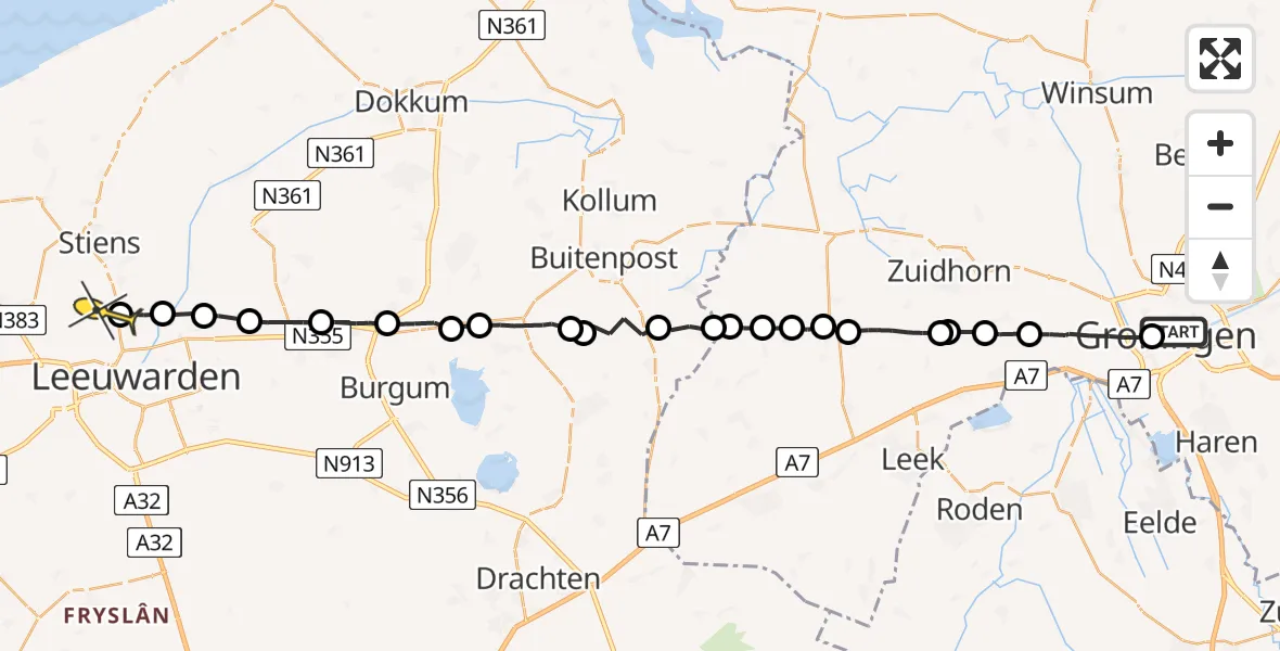 Routekaart van de vlucht: Ambulanceheli naar Vliegbasis Leeuwarden, Sledemennerstraat