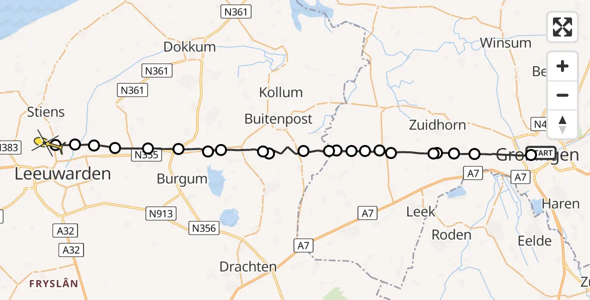 Vluchtroute Ambulancehelikopter van Universitair Medisch Centrum Groningen naar Vliegbasis Leeuwarden