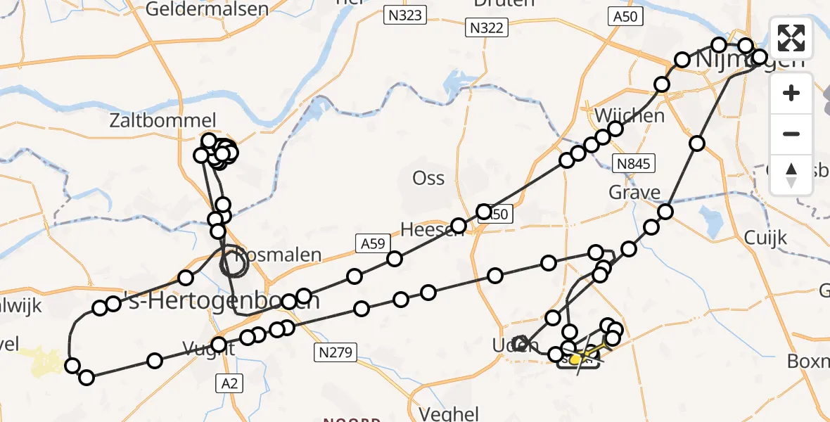 Routekaart van de vlucht: Politieheli naar Vliegbasis Volkel, Zeelandsedijk