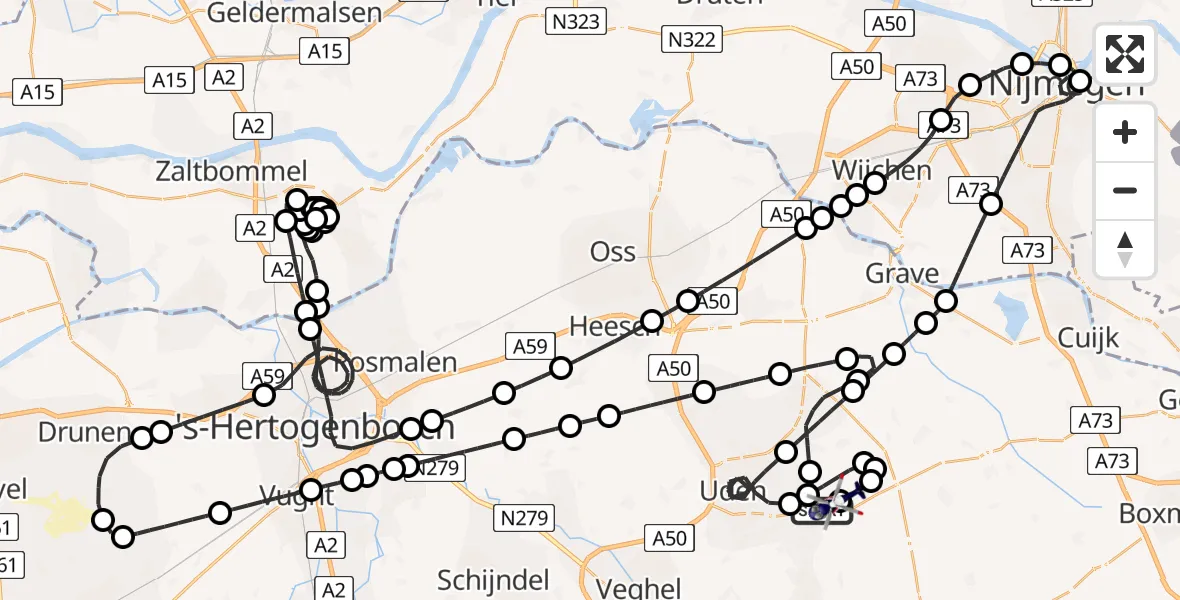 Routekaart van de vlucht: Politiehelikopter naar Vliegbasis Volkel, Zeelandsedijk