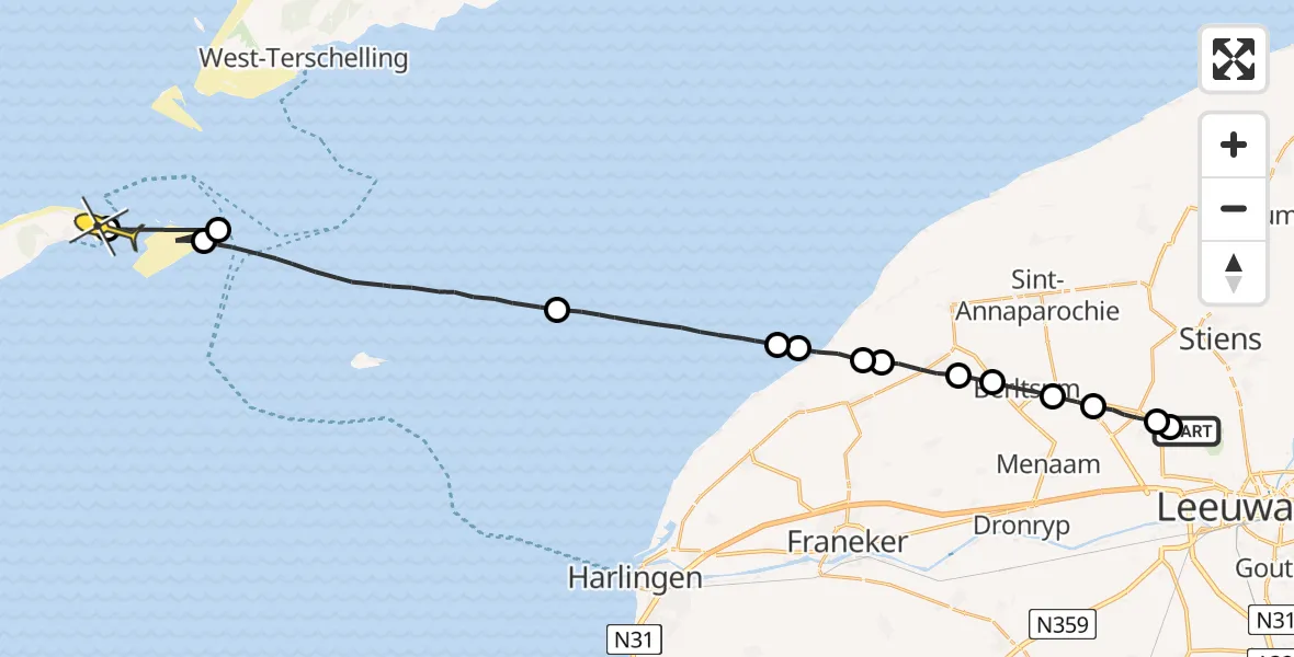 Routekaart van de vlucht: Ambulanceheli naar Vlieland Heliport, Dyksterhuzen