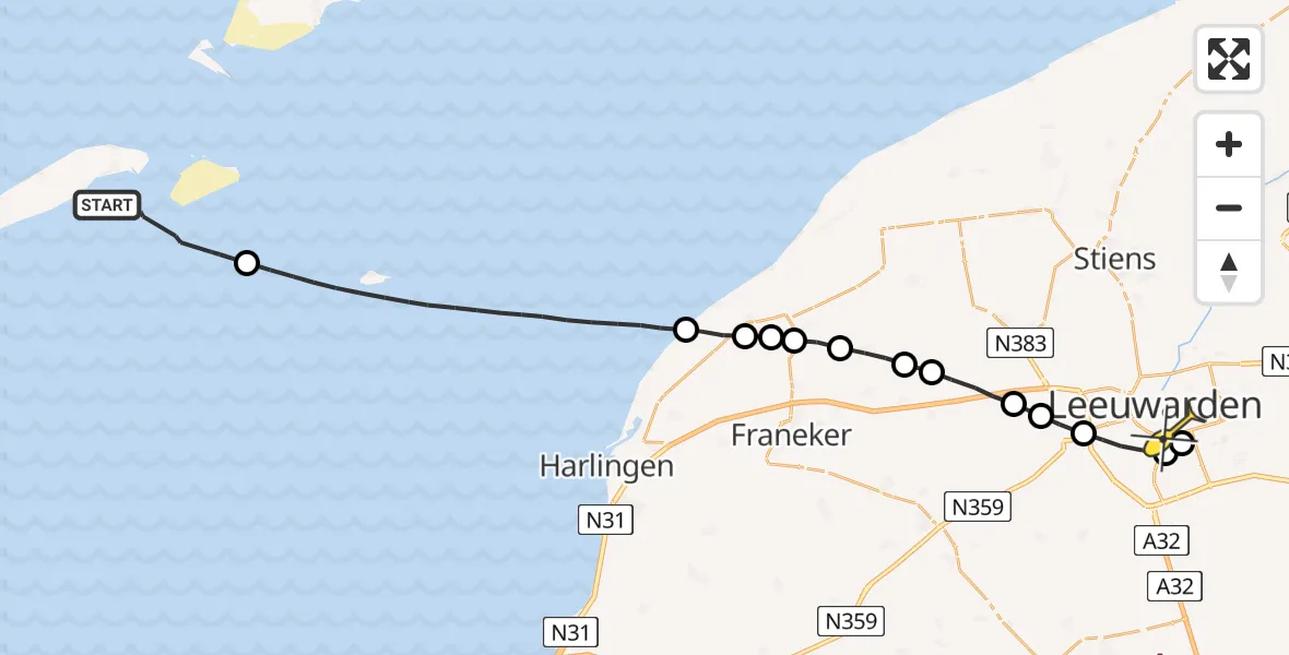 Routekaart van de vlucht: Ambulanceheli naar Leeuwarden, Vlielanderbalg