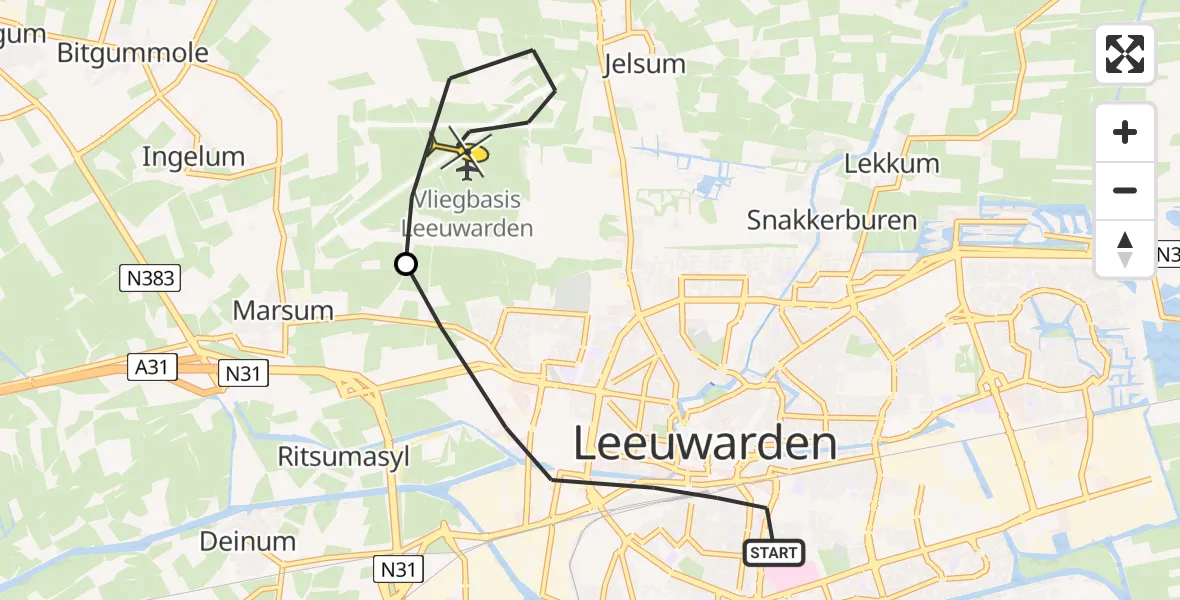 Vluchtroute Ambulancehelikopter van Leeuwarden naar Vliegbasis Leeuwarden