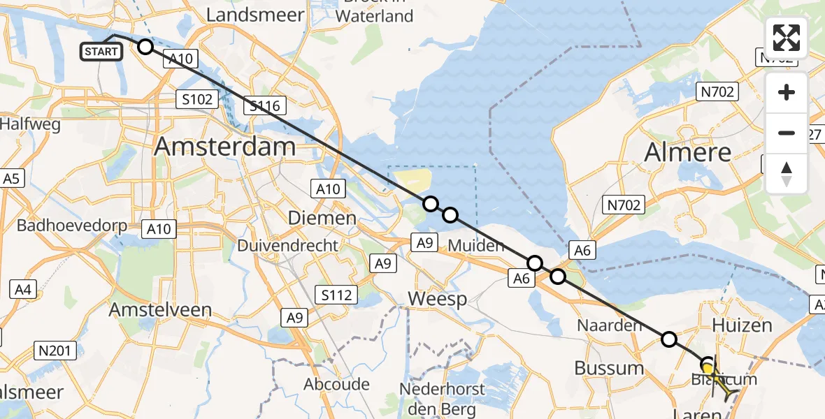 Routekaart van de vlucht: Lifeliner 1 naar Blaricum, Grote Tocht