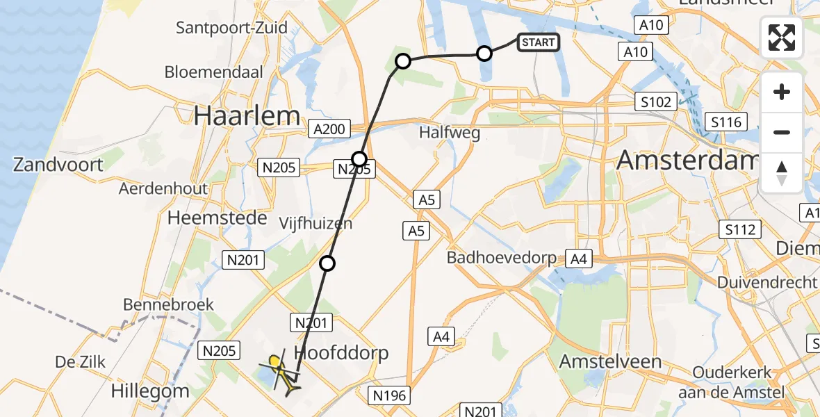 Routekaart van de vlucht: Lifeliner 1 naar Hoofddorp, Hornweg