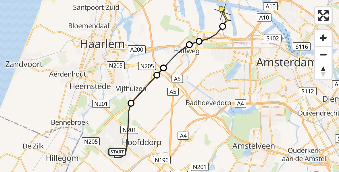 Routekaart van de vlucht: Lifeliner 1 naar Amsterdam Heliport, Laan van Tudor