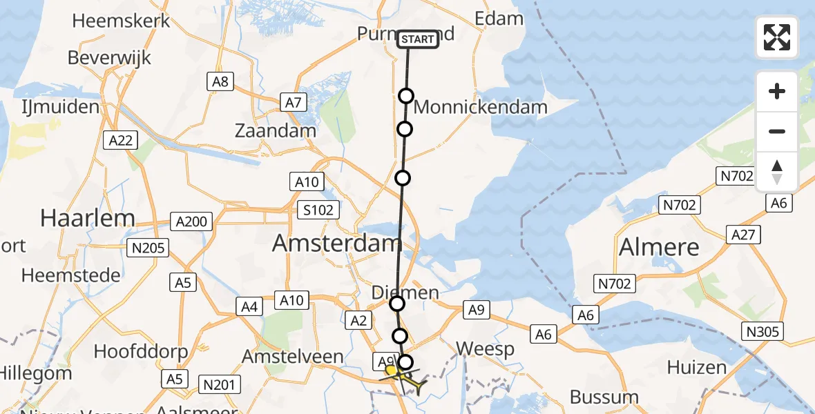 Routekaart van de vlucht: Lifeliner 1 naar Academisch Medisch Centrum (AMC), Cornelis Edelmanstraat