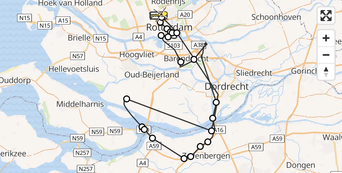 Routekaart van de vlucht: Politieheli naar Rotterdam The Hague Airport, Rijs-en-daalpad