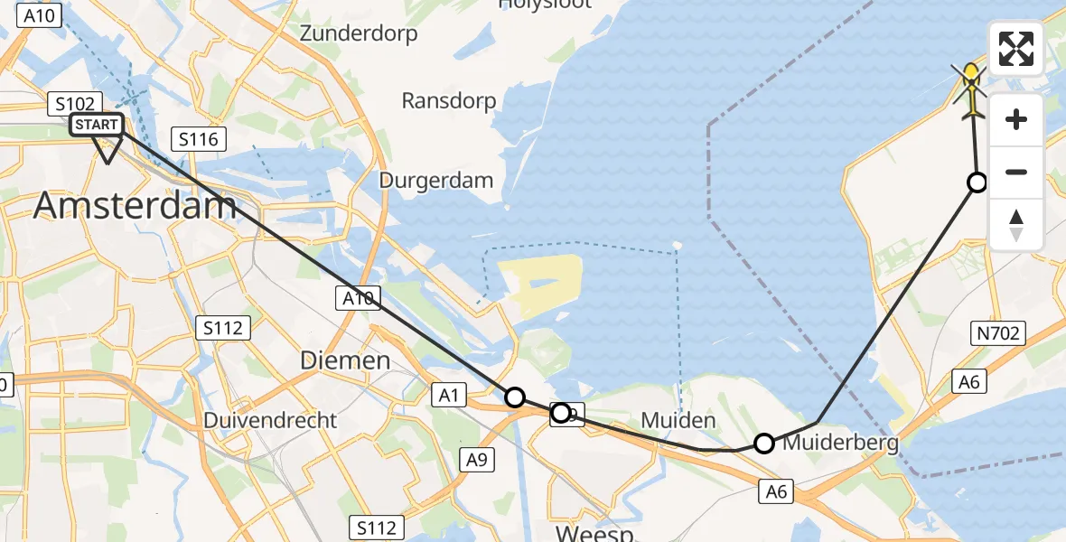 Routekaart van de vlucht: Politieheli naar Almere, Willemsstraat