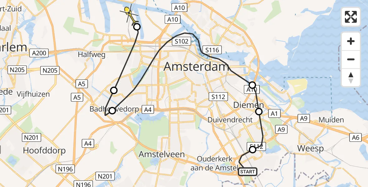 Routekaart van de vlucht: Lifeliner 1 naar Amsterdam Heliport, Schurenbergweg