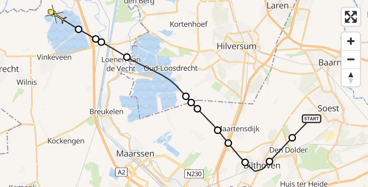 Routekaart van de vlucht: Politieheli naar Vinkeveen, Staalwijklaan