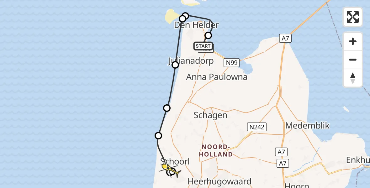 Routekaart van de vlucht: Kustwachthelikopter naar Schoorl, Oostoeverweg