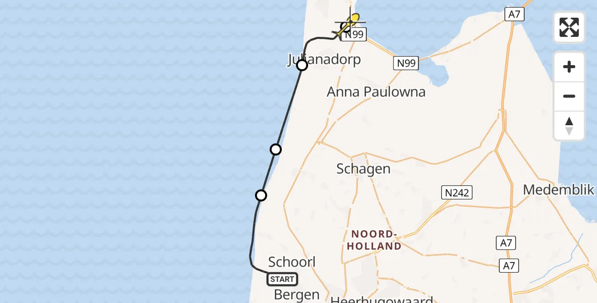 Routekaart van de vlucht: Kustwachthelikopter naar Vliegveld De Kooy, Paardenweide