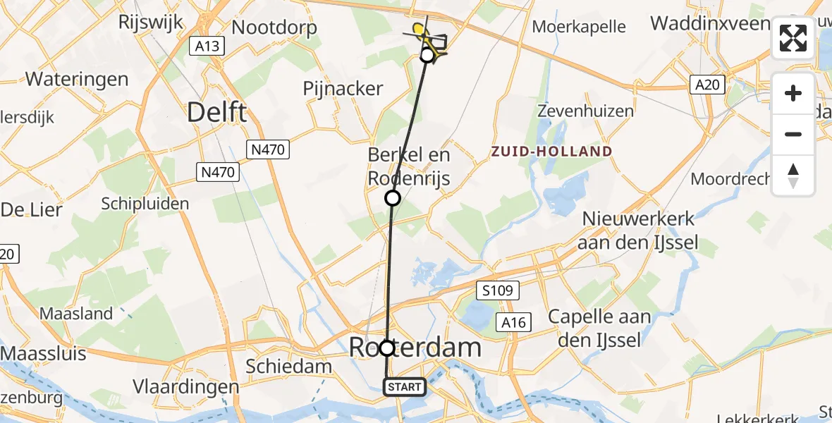 Routekaart van de vlucht: Lifeliner 2 naar Zoetermeer, Mathenesserlaan