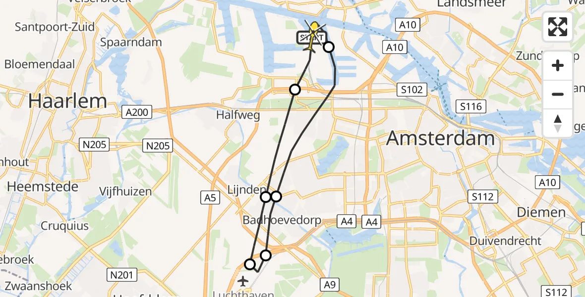 Routekaart van de vlucht: Lifeliner 1 naar Amsterdam Heliport, Loevesteinse Randweg