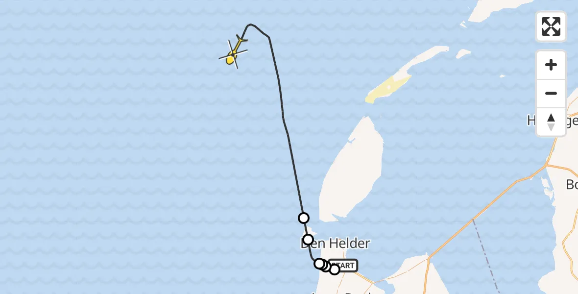 Routekaart van de vlucht: Kustwachthelikopter naar Kortevliet