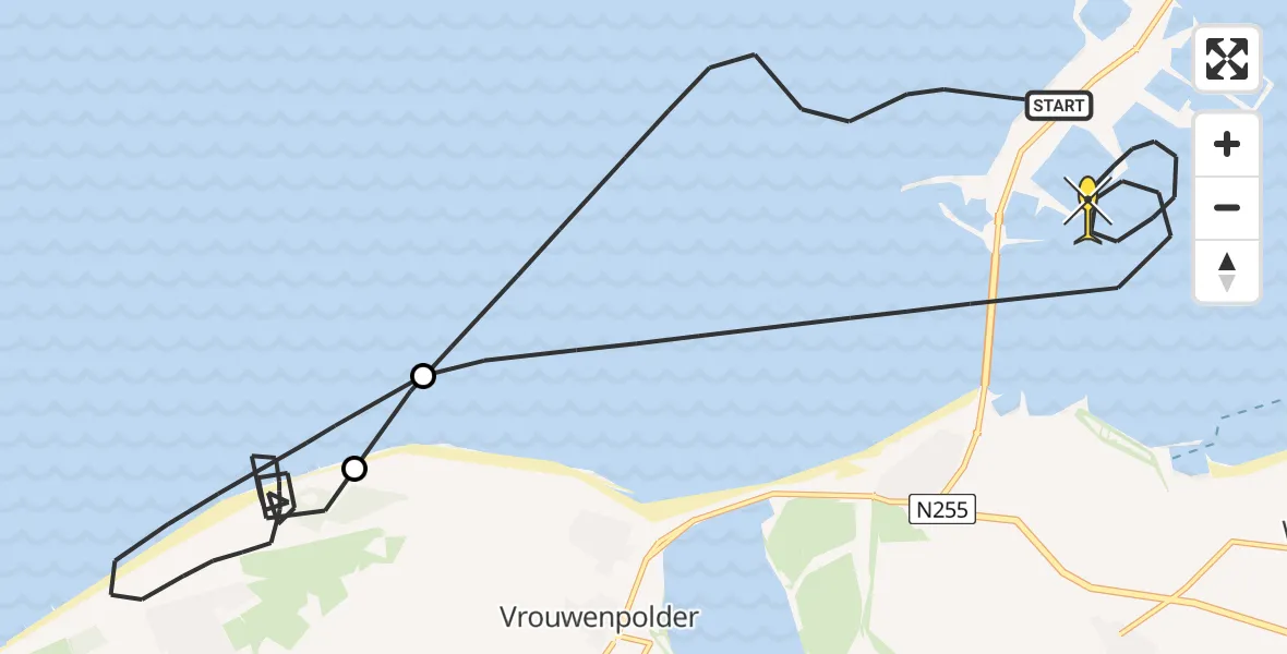 Routekaart van de vlucht: Kustwachthelikopter naar Vrouwenpolder, Naaktstrand