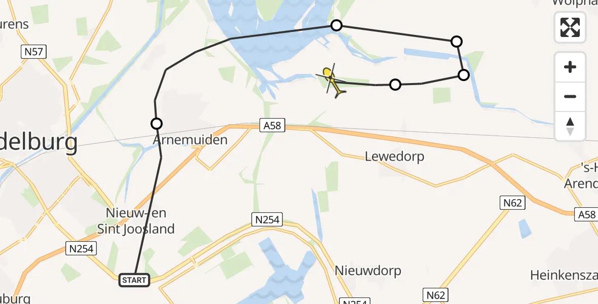 Routekaart van de vlucht: Kustwachthelikopter naar Vliegveld Midden-Zeeland, Calandweg