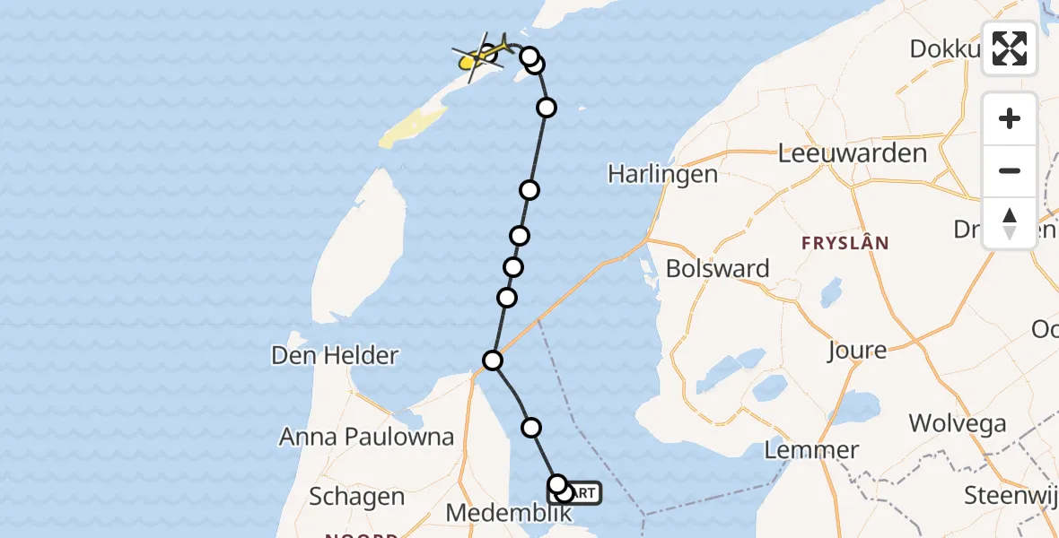 Routekaart van de vlucht: Kustwachthelikopter naar Vlieland