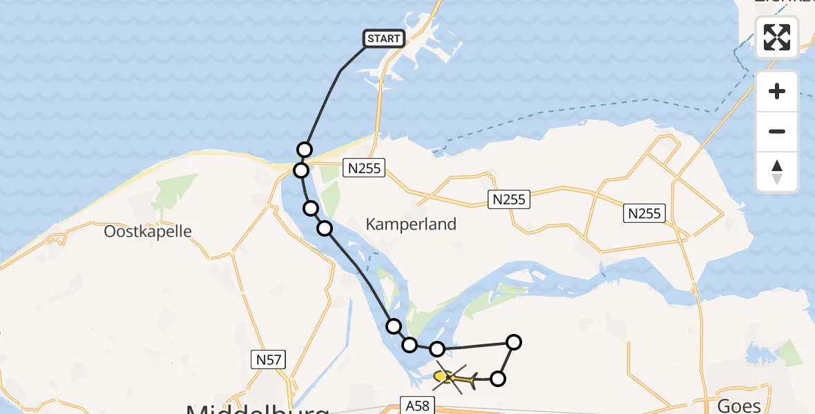 Routekaart van de vlucht: Kustwachthelikopter naar Vliegveld Midden-Zeeland, Naaktstrand