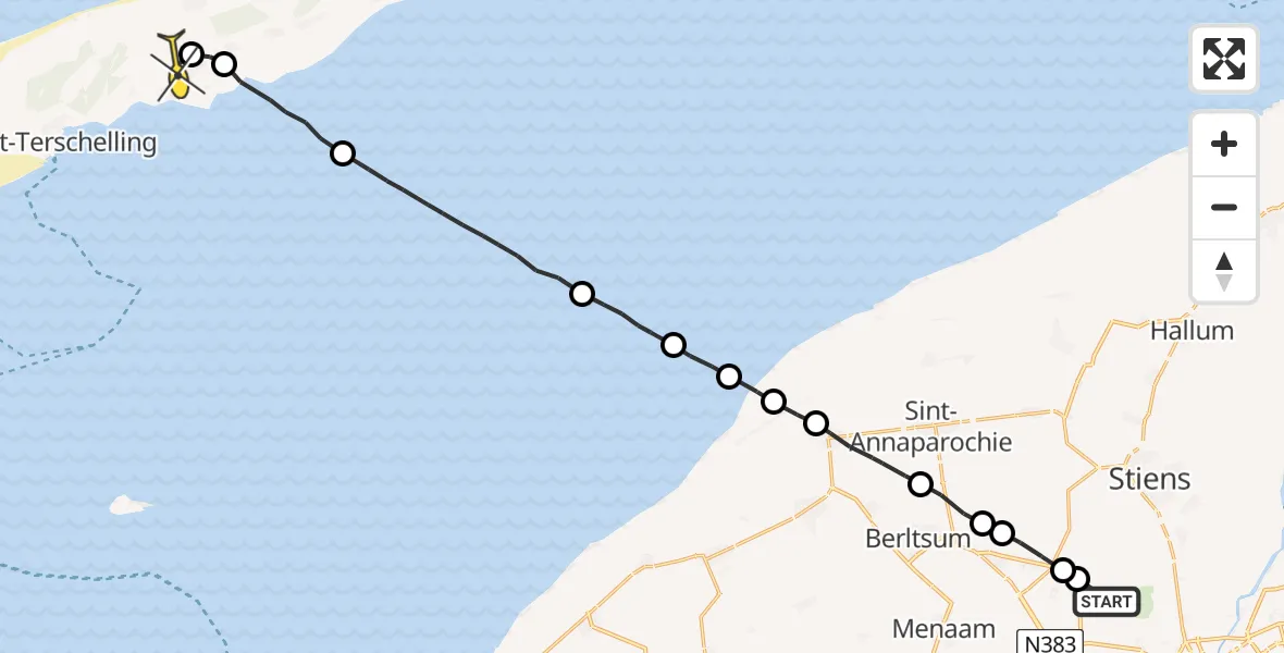 Routekaart van de vlucht: Ambulanceheli naar Midsland, Sirtemawei