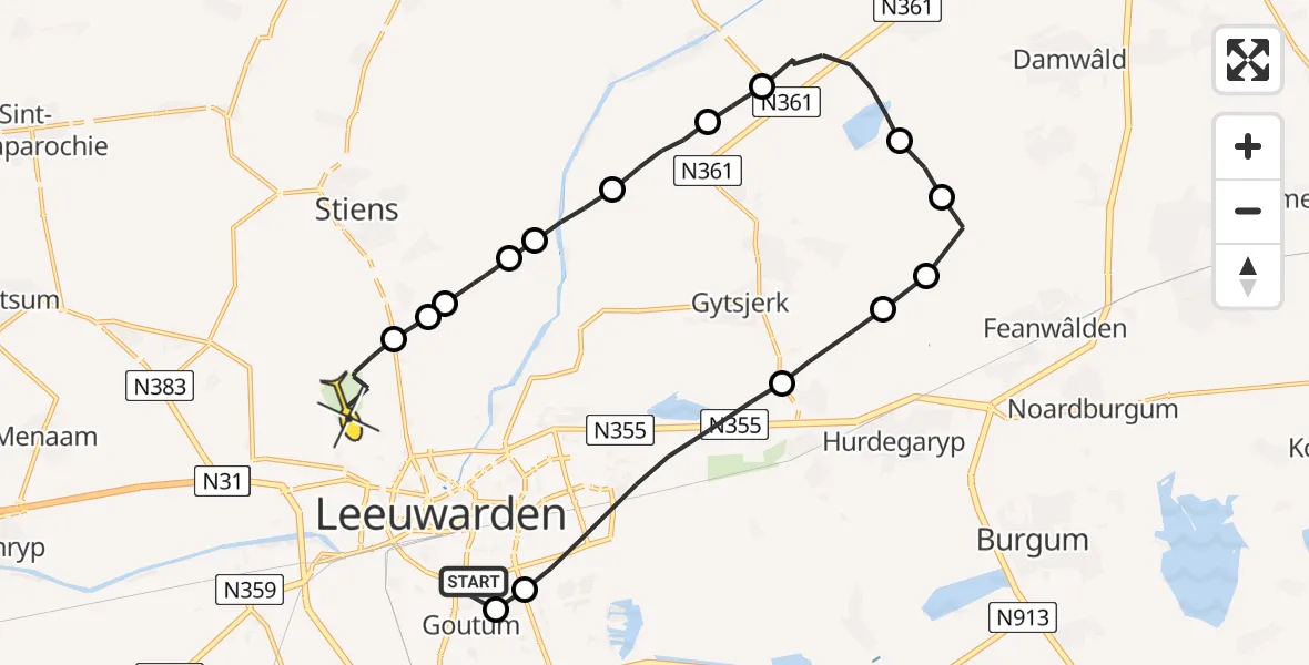 Routekaart van de vlucht: Ambulanceheli naar Vliegbasis Leeuwarden, It Blauwe Slot