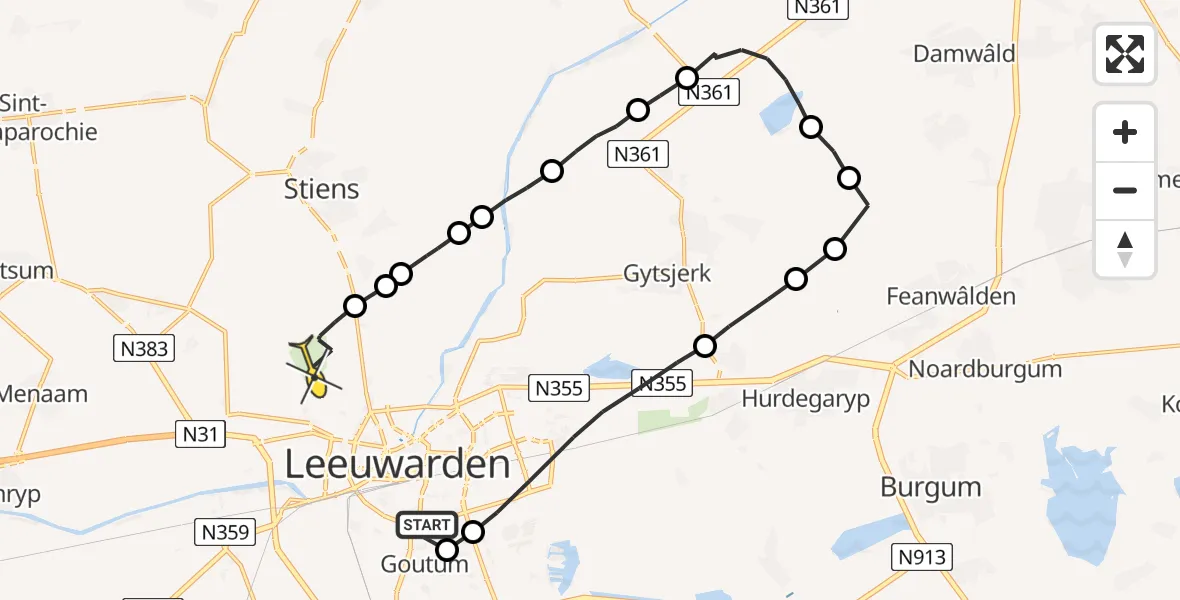 Routekaart van de vlucht: Ambulancehelikopter naar Vliegbasis Leeuwarden, It Blauwe Slot