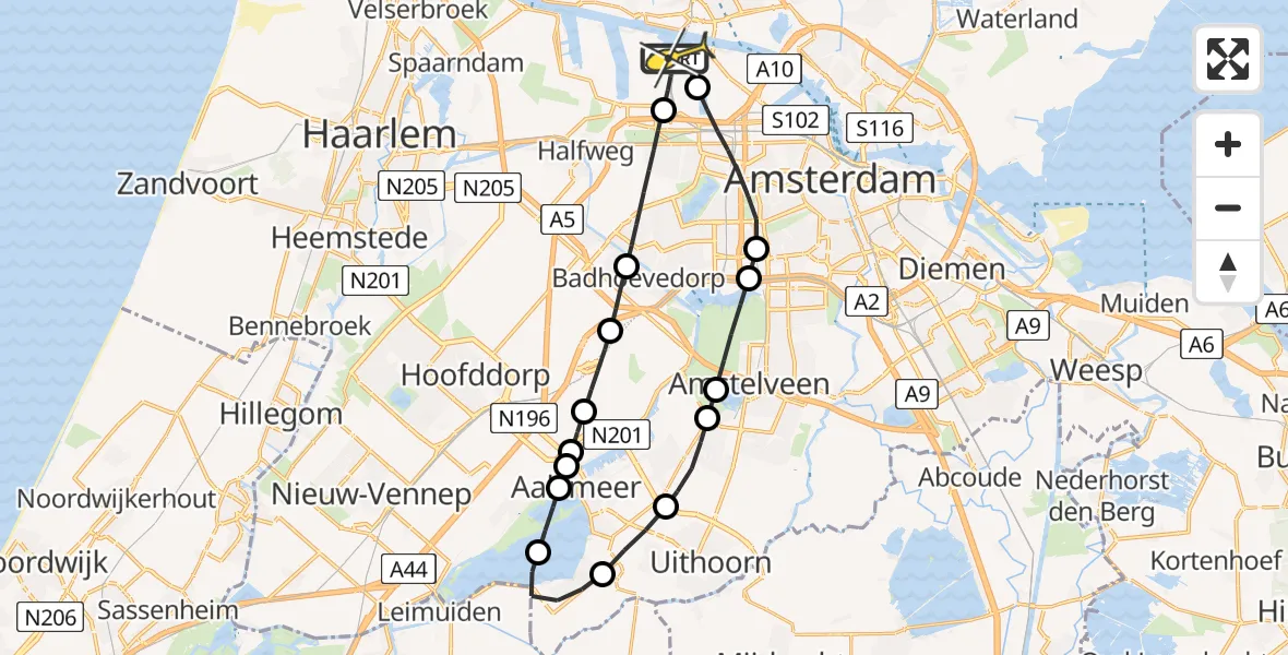 Routekaart van de vlucht: Lifeliner 1 naar Amsterdam Heliport, Nieuw-Zeelandweg