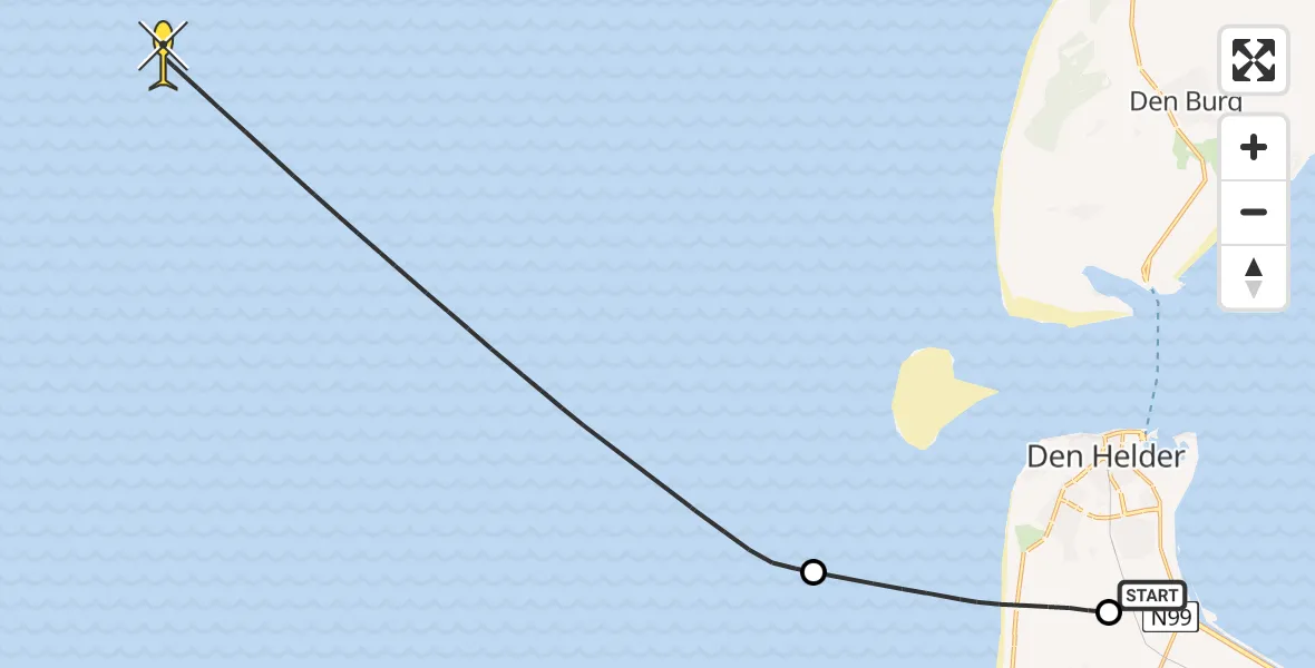 Routekaart van de vlucht: Kustwachthelikopter naar Middenvliet