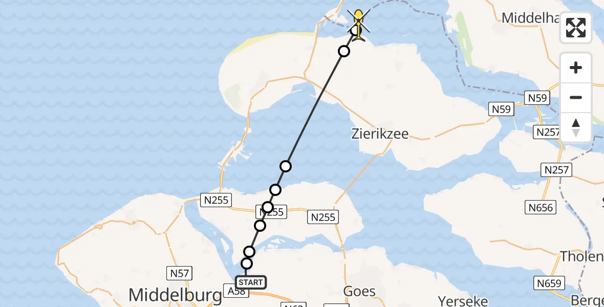 Routekaart van de vlucht: Kustwachthelikopter naar Brouwershaven, Schenge