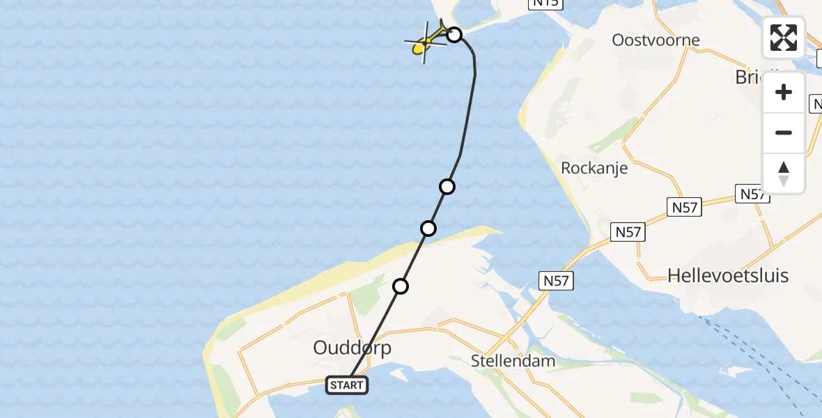 Routekaart van de vlucht: Kustwachthelikopter naar Maasvlakte, Provincialeweg