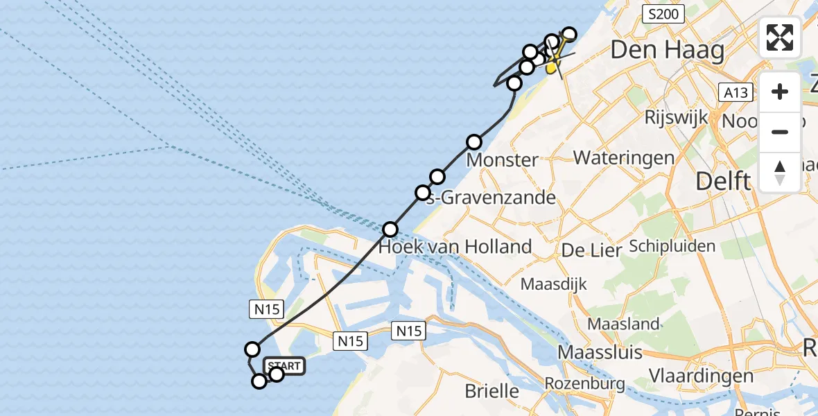 Routekaart van de vlucht: Kustwachthelikopter naar Den Haag, Zuiderstrand