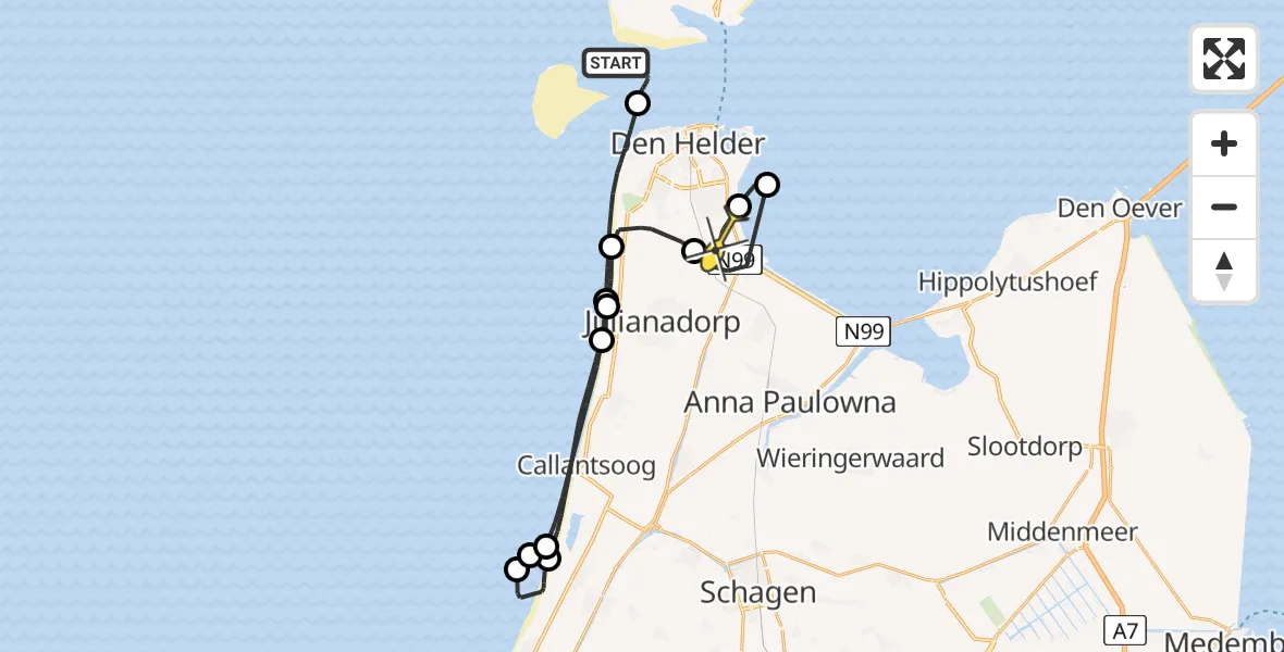 Routekaart van de vlucht: Kustwachthelikopter naar Vliegveld De Kooy, De Hors