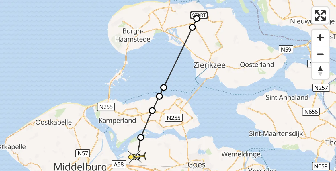 Routekaart van de vlucht: Kustwachthelikopter naar Vliegveld Midden-Zeeland, Schendersweg