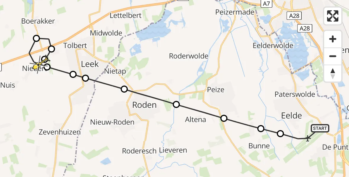 Routekaart van de vlucht: Lifeliner 4 naar Niebert, Veldkampweg