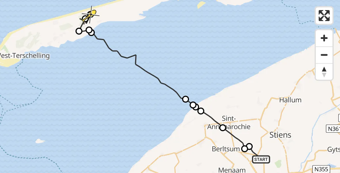 Routekaart van de vlucht: Ambulanceheli naar Oosterend, Duinweg