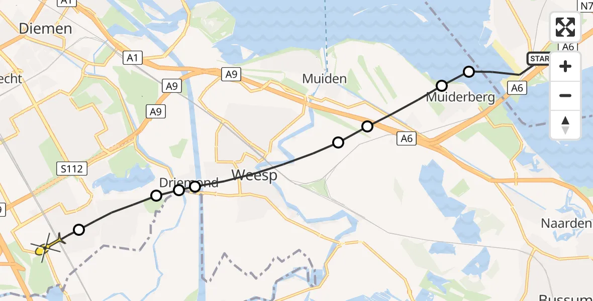 Routekaart van de vlucht: Lifeliner 1 naar Academisch Medisch Centrum (AMC), IJmeer