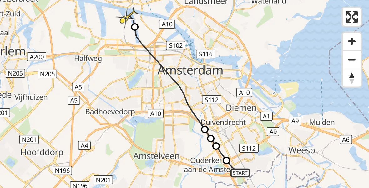 Routekaart van de vlucht: Lifeliner 1 naar Amsterdam Heliport, Keienbergweg