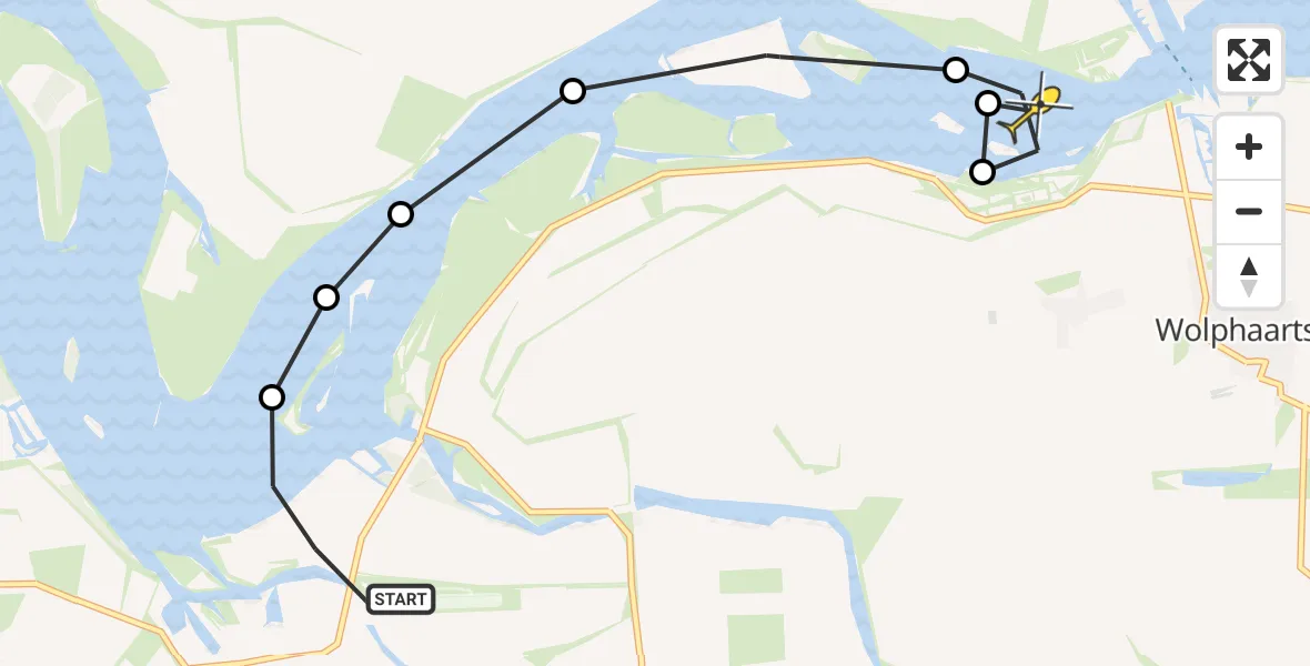 Routekaart van de vlucht: Kustwachthelikopter naar Kortgene, Oranjeplaatweg