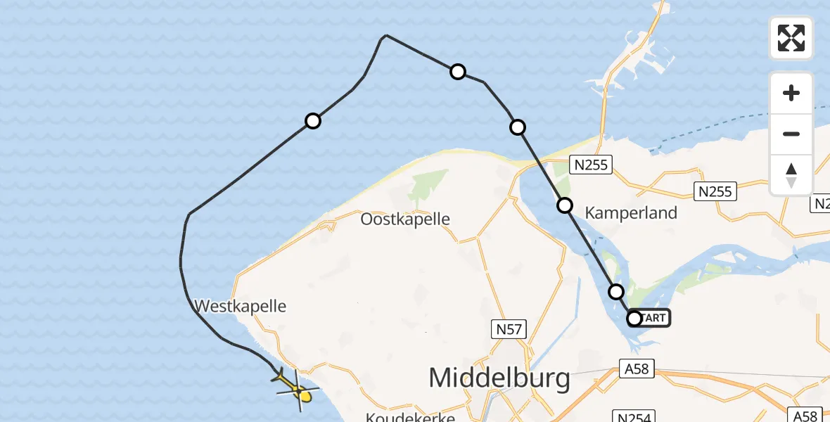 Routekaart van de vlucht: Kustwachthelikopter naar Vlissingen, Aardbeieneiland