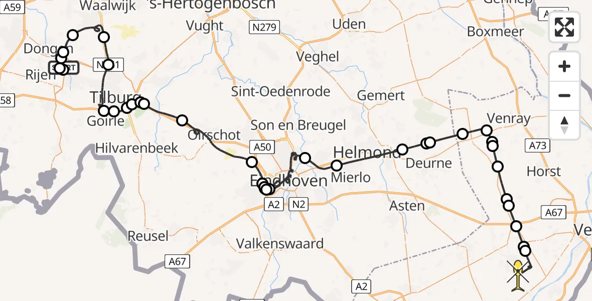 Routekaart van de vlucht: Politiehelikopter naar Helden, Langendijk