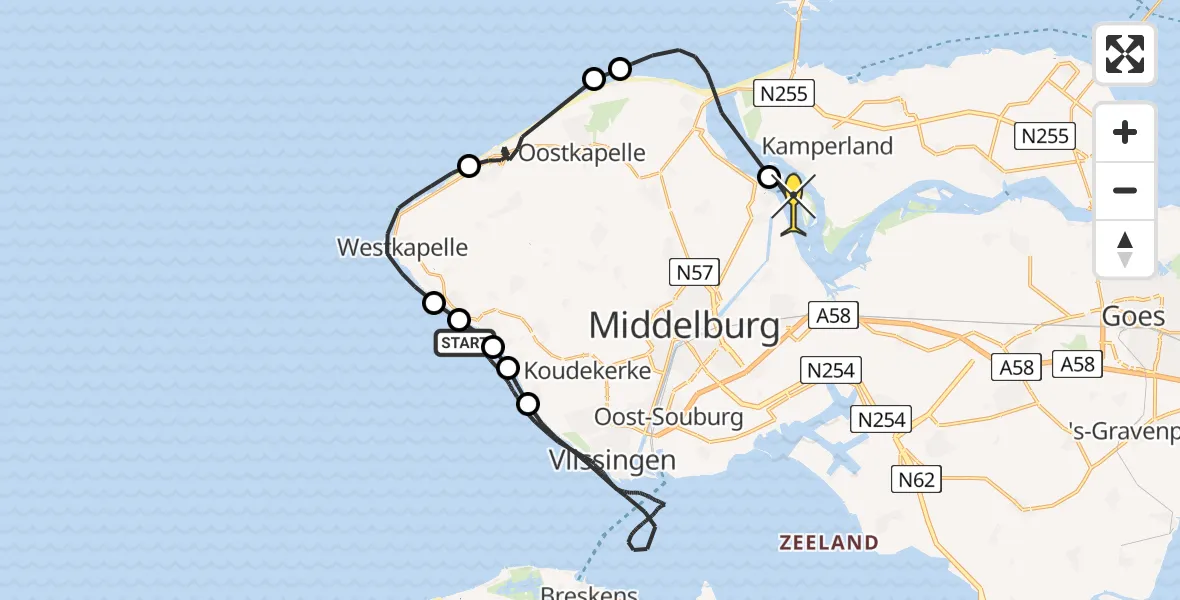 Routekaart van de vlucht: Kustwachthelikopter naar Veere, Strand Biggekerke