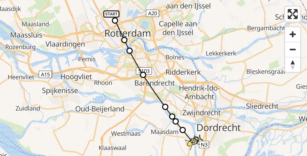 Routekaart van de vlucht: Lifeliner 2 naar 's-Gravendeel, Overschiese Kleiweg